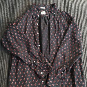 J Crew Deep Navy Floral Print Secret Wash Shirt